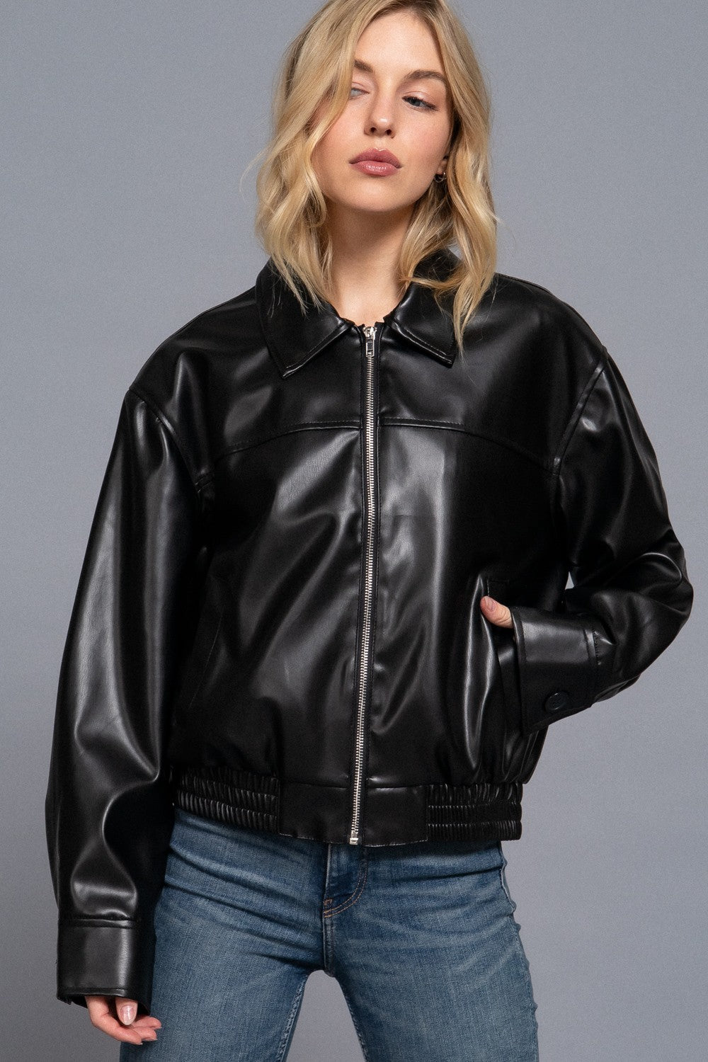 Vegan Leather Boyfriend Bomber Jacket