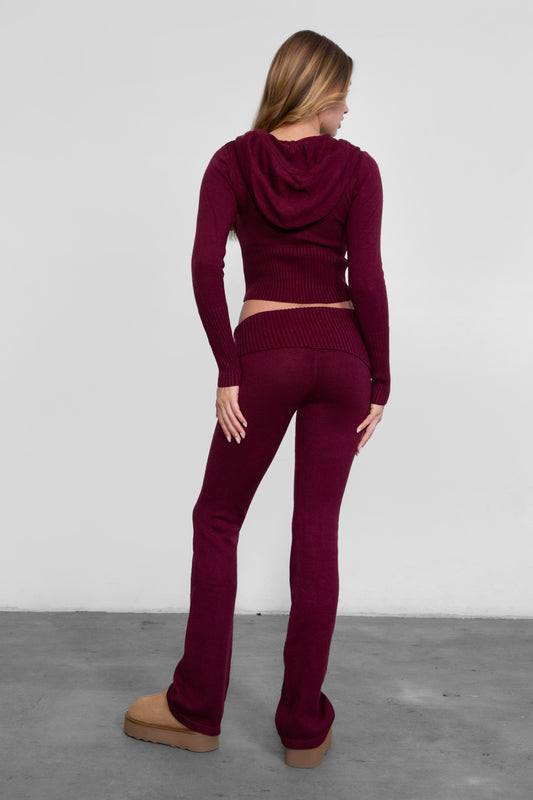 Zip Sweater + Foldover Pant Knit Set Burgundy