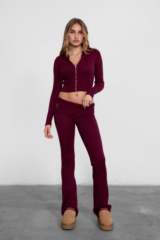 Zip Sweater + Foldover Pant Knit Set Burgundy