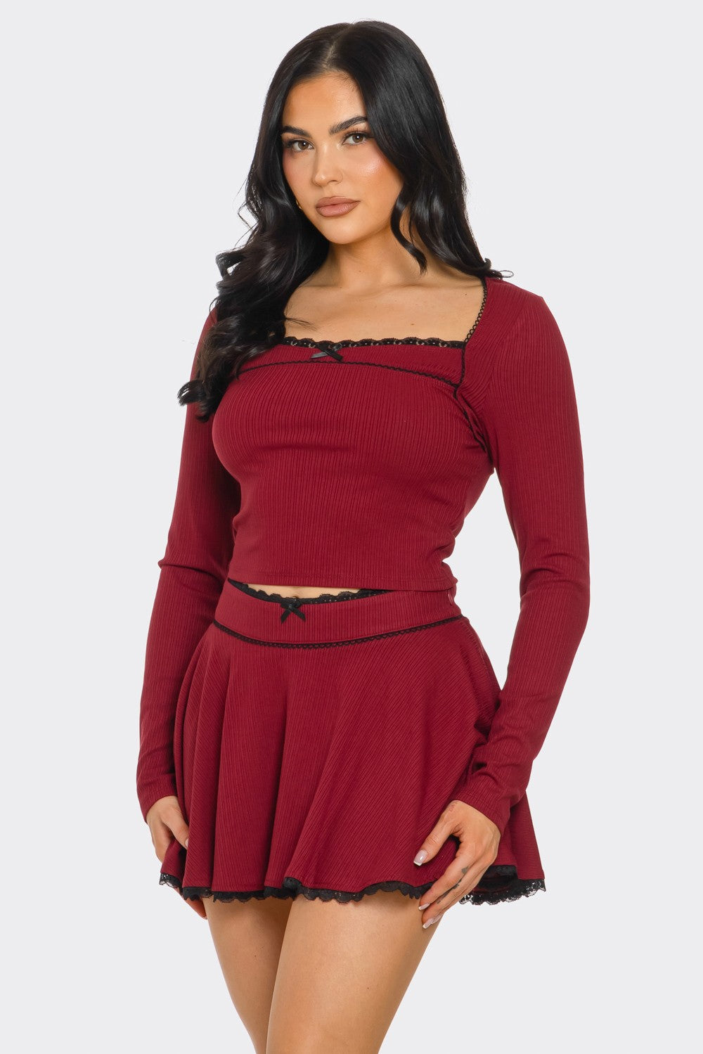 Burgundy Bow Long Sleeve/Skirt Set