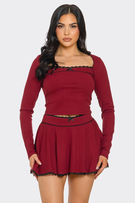 Burgundy Bow Long Sleeve/Skirt Set