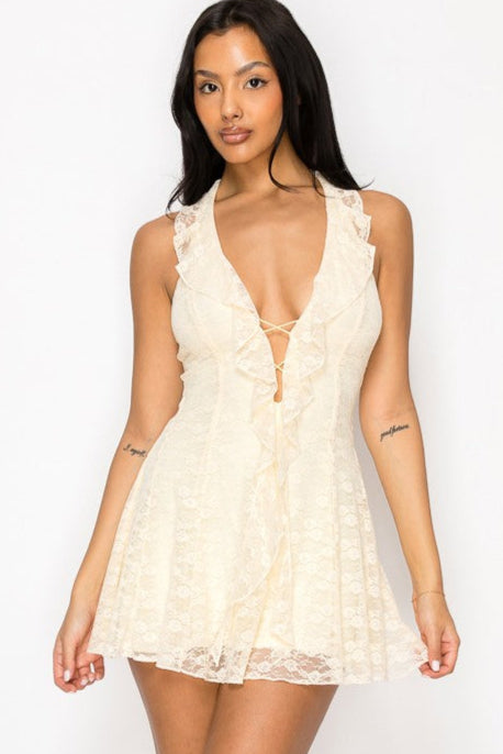 Baby Yellow Lace Halter Ruffle Swing Dress