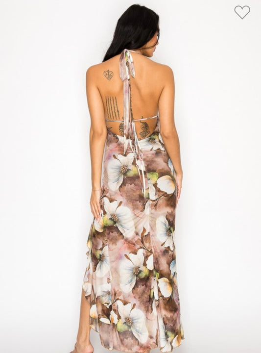 Mocha Floral Ruffle Halter Maxi Dress