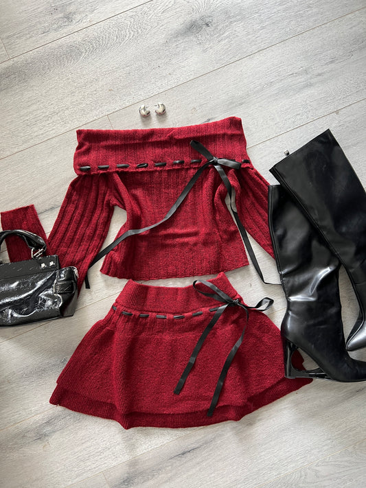 Burgundy OTS Coquette Sweater Top + Skirt Set