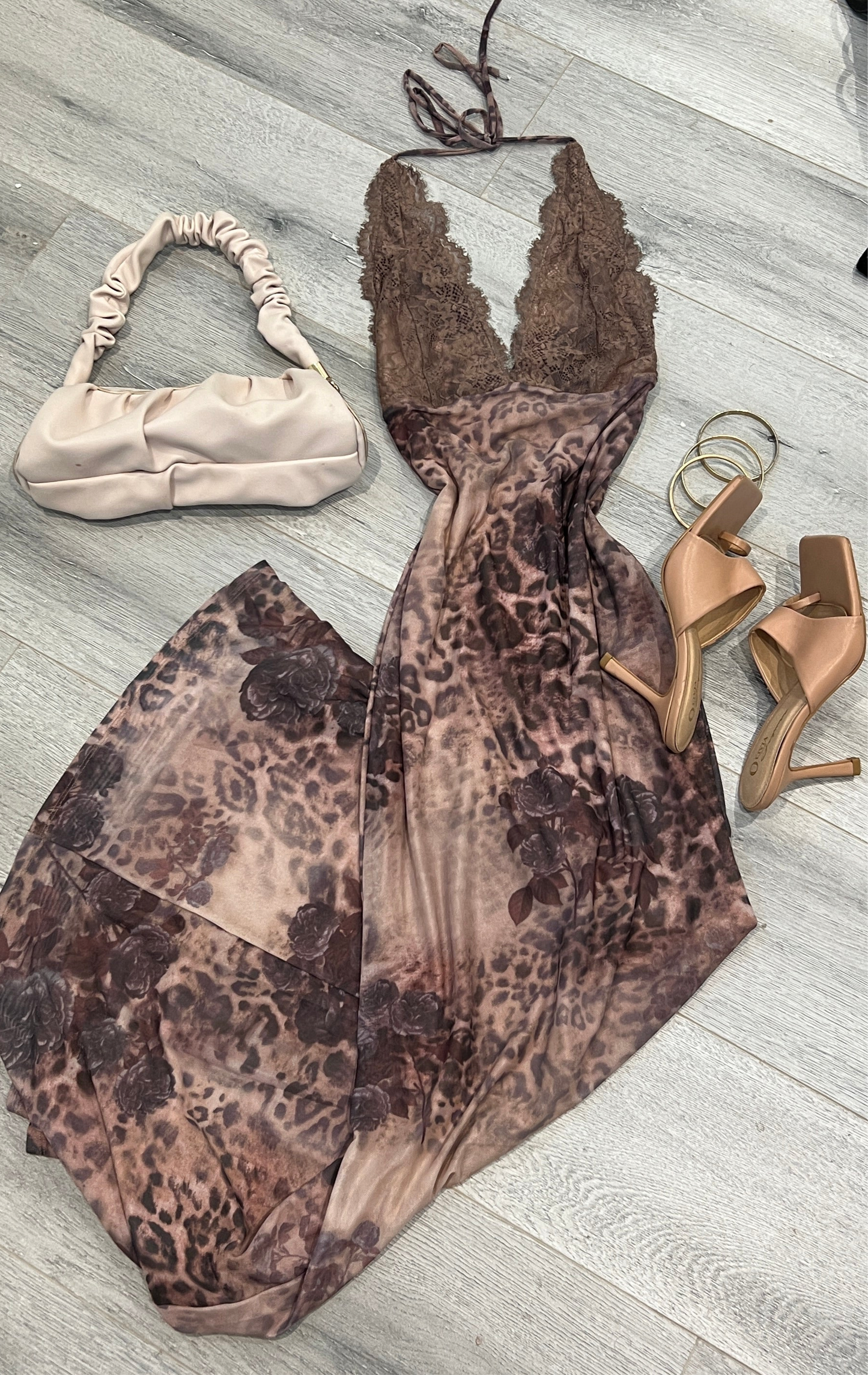 Lace/Leopard Printed Maxi Halter Dress