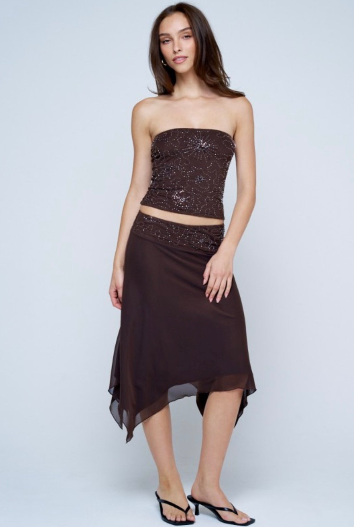 Beaded Tube Top + Beaded Contrast Fairy Skirt Matching Set Brown