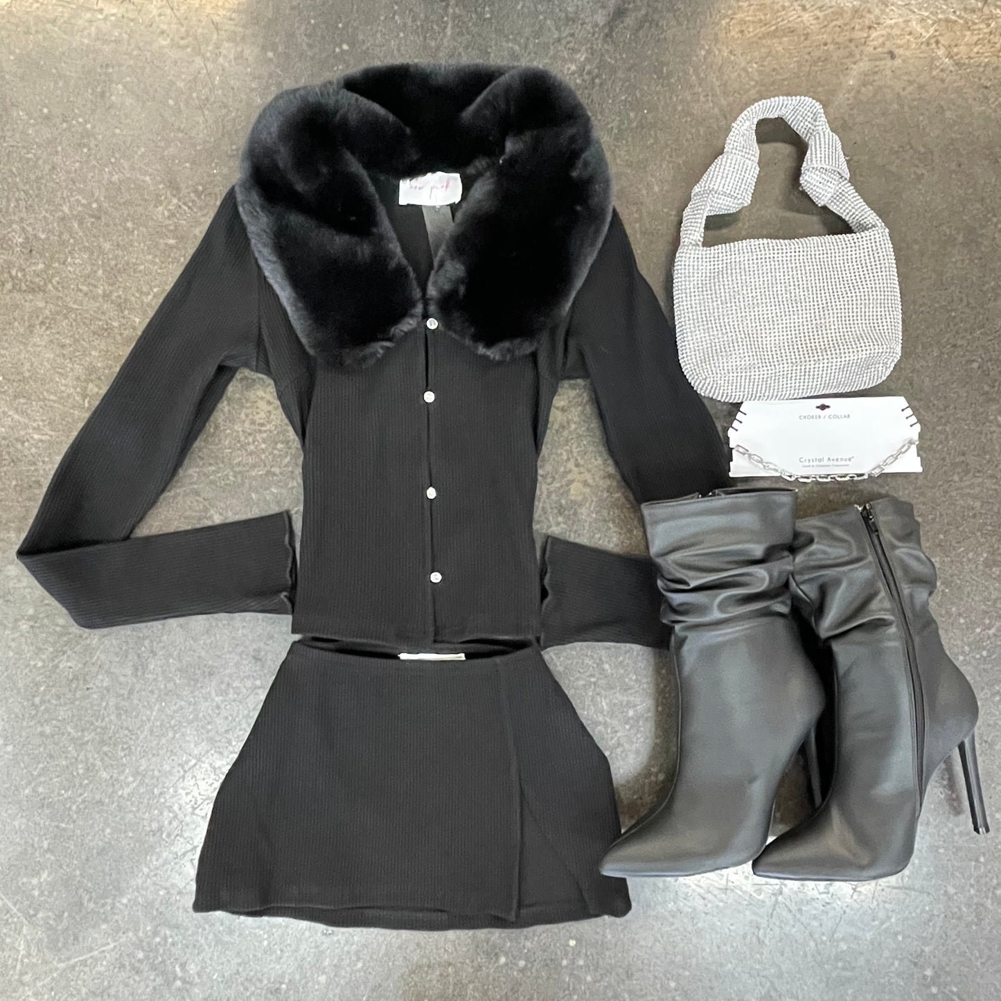 Black Fur Collar Mini Skirt Set