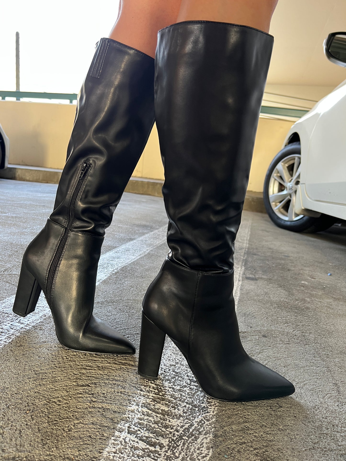 Knee High Pointy Leather Chunk Heel Boots