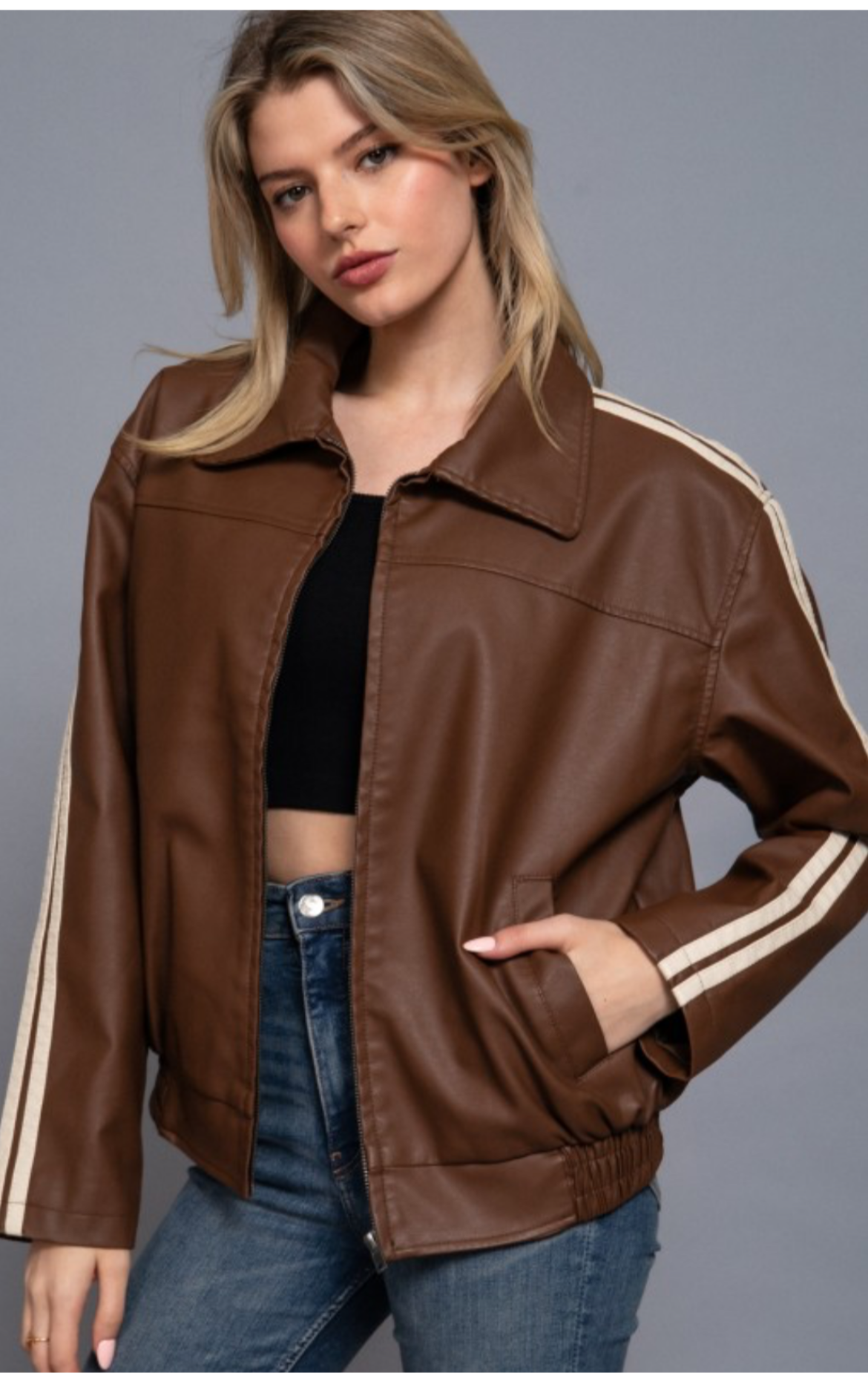Vegan Leather Boyfriend Jacket Striped