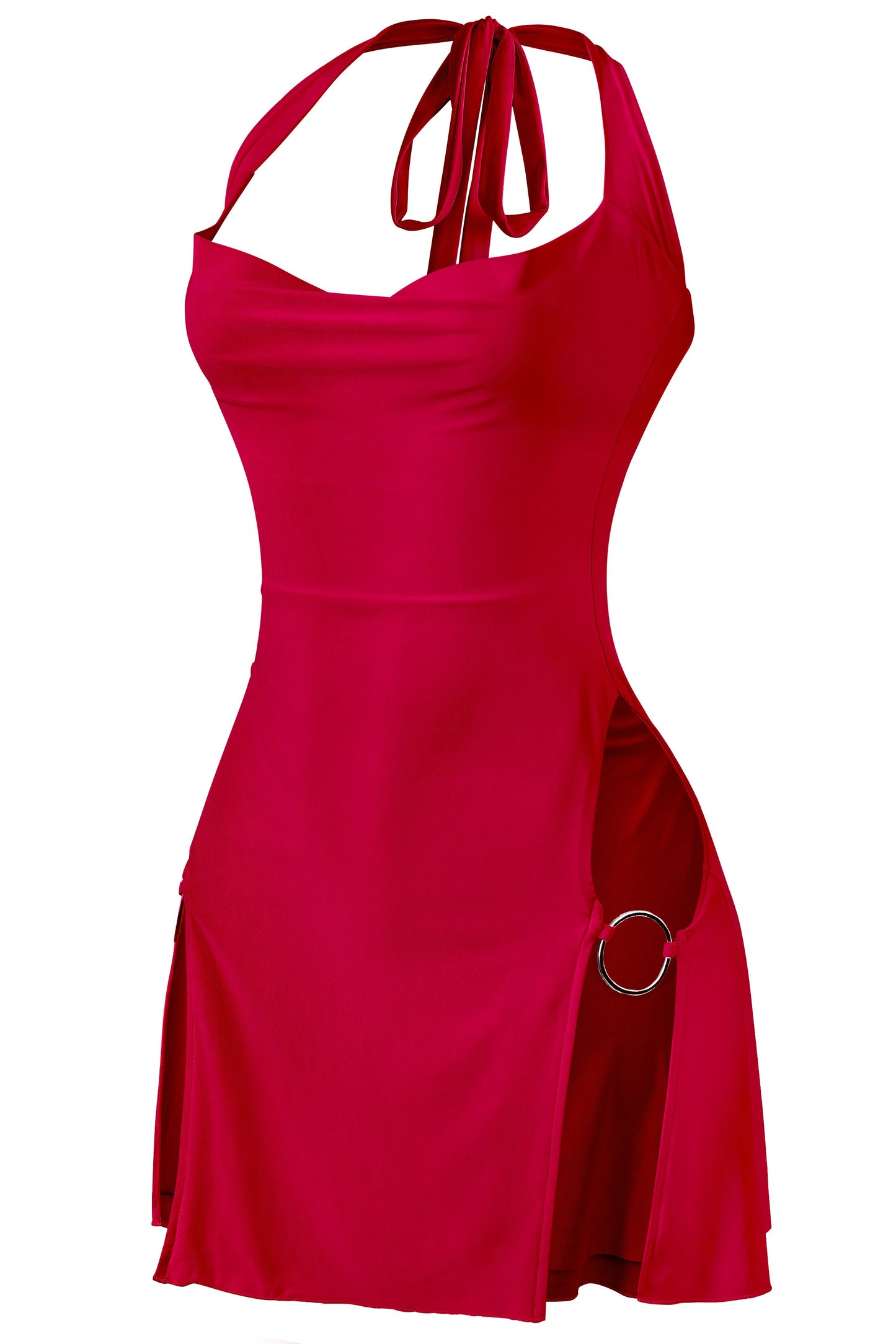 Halter Double Slit Cowl Neck Mini Dress Red