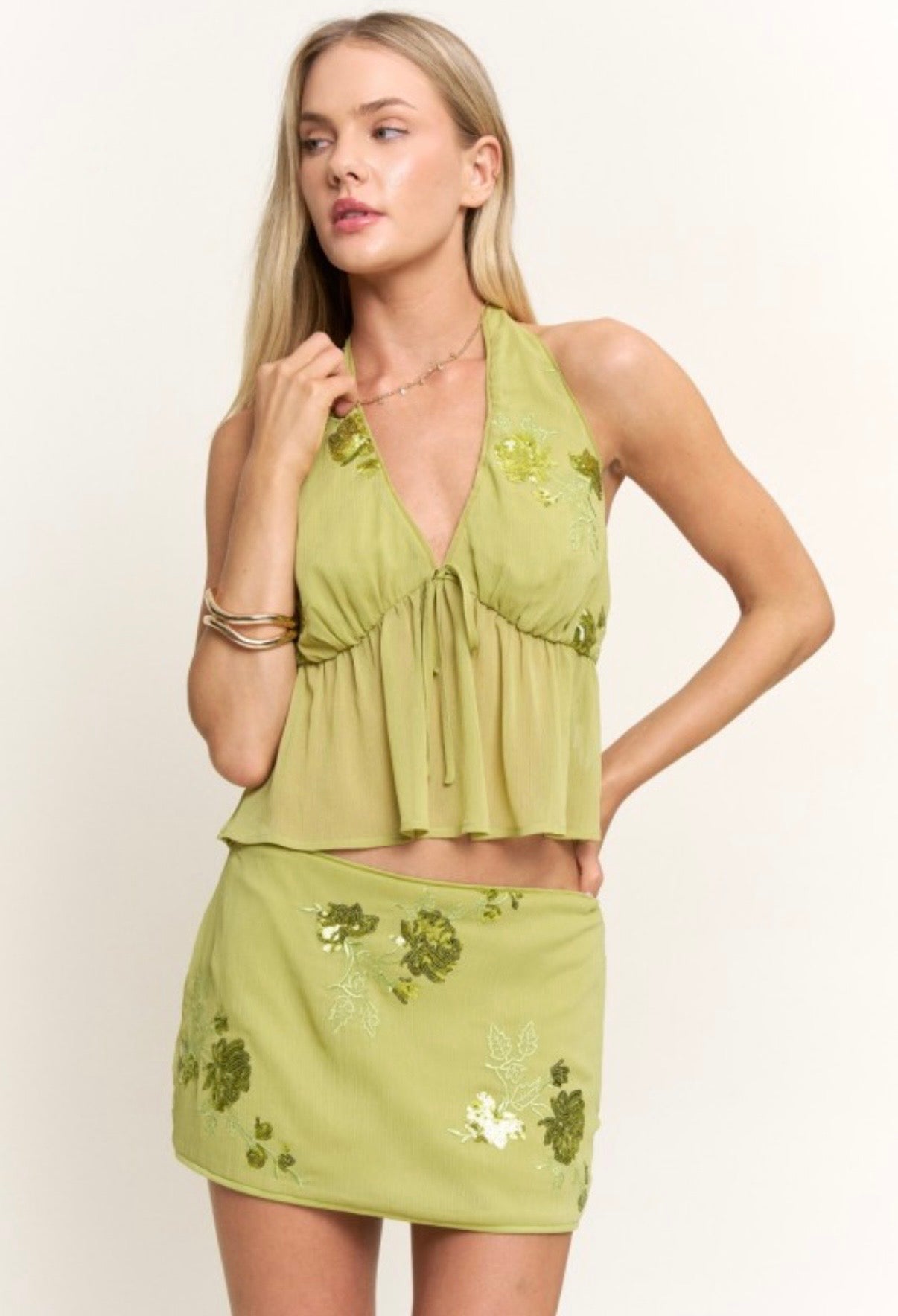 Green Sequin Matching Skirt Set