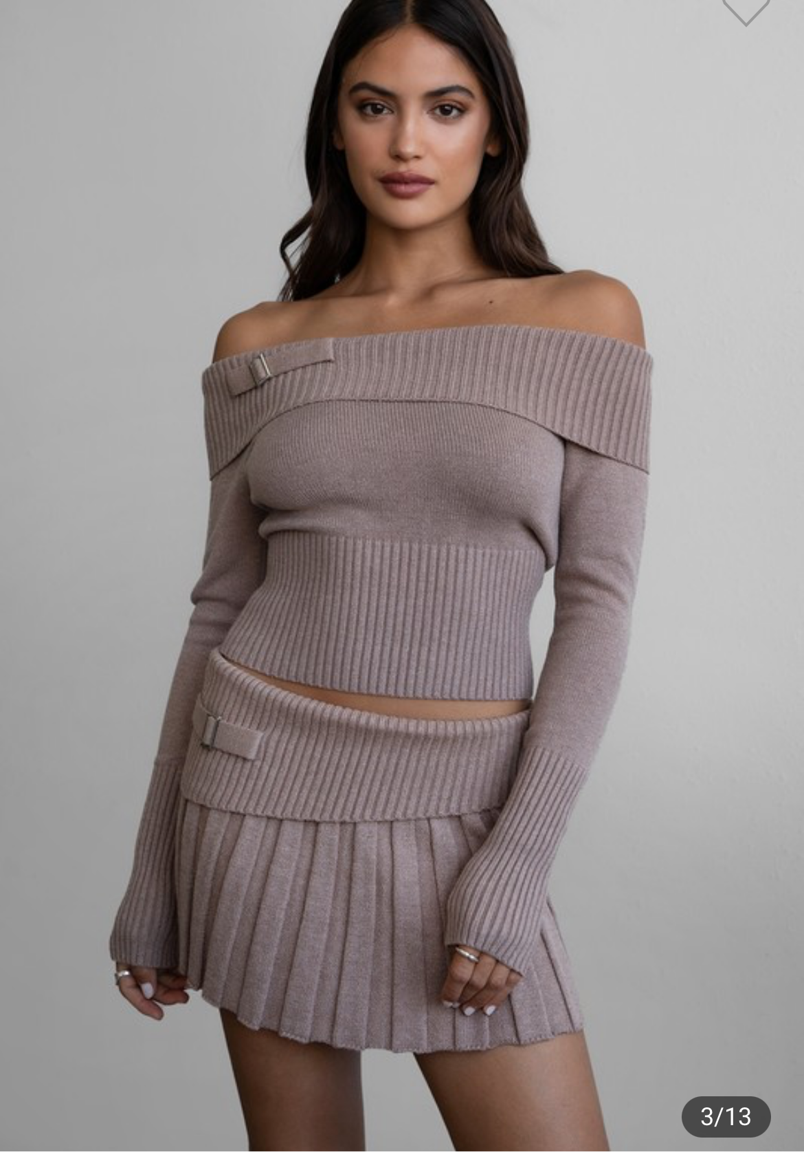 OTS Belted Sweater Top + Pleated Skirt Set Mocha