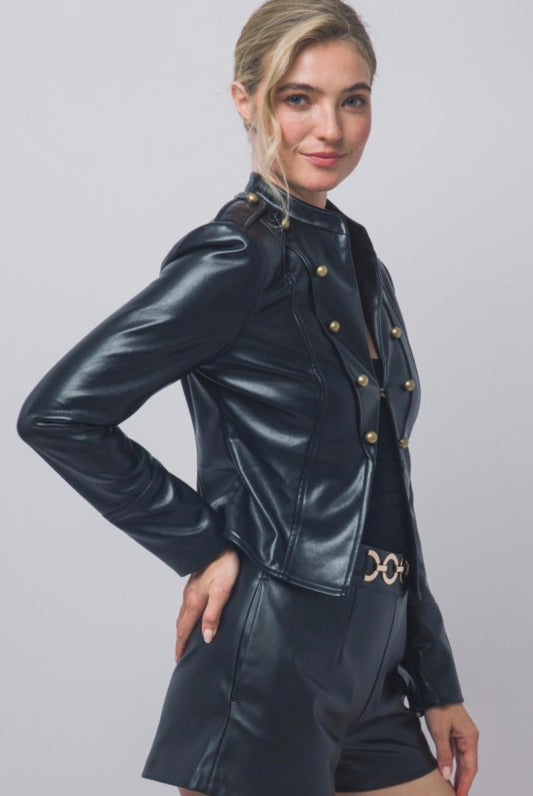 Napolean Military Leather Jacket Black