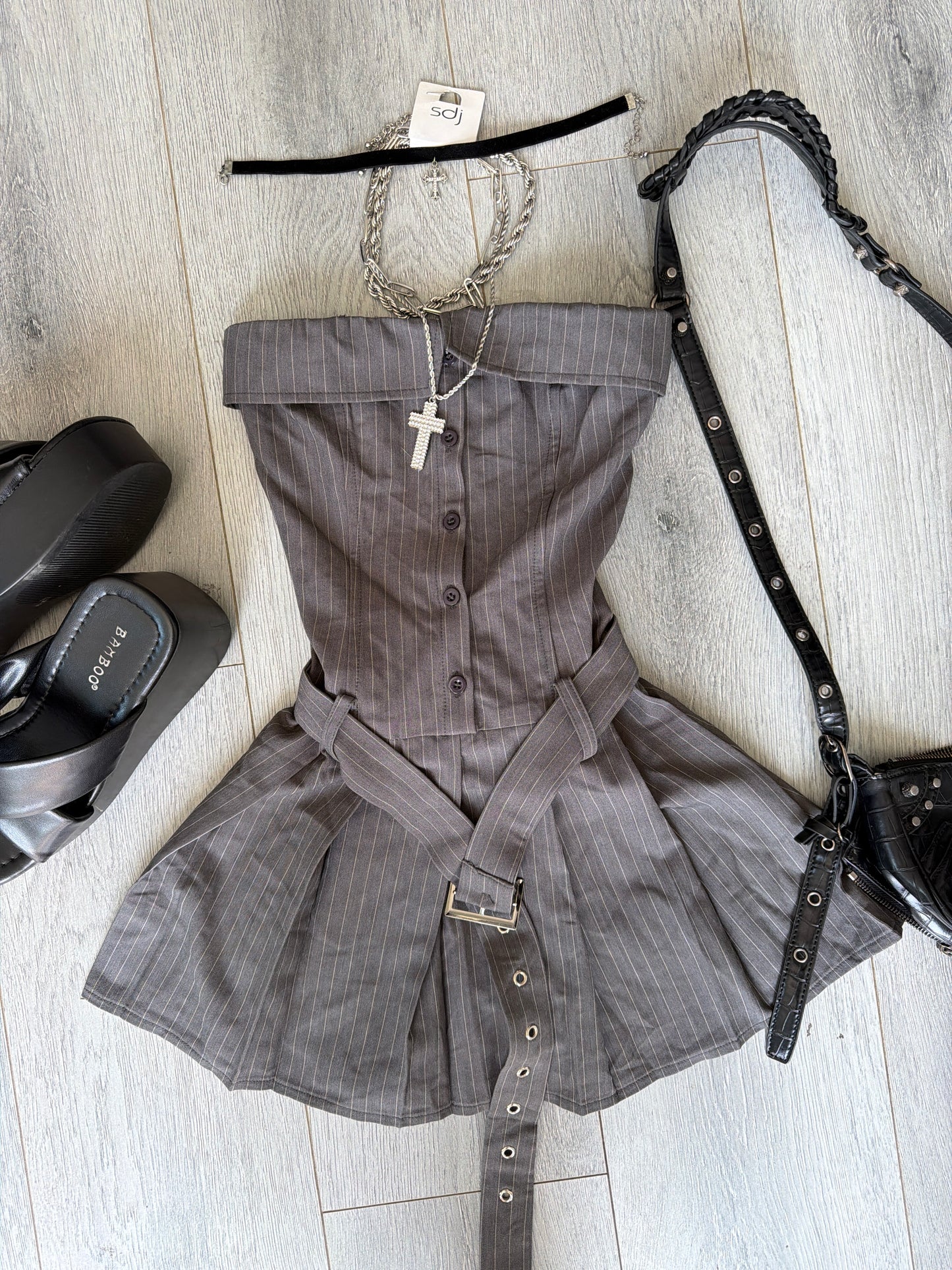 Gray Pinstrip Pleated Mini