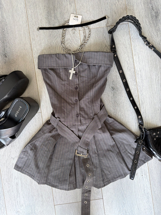 Gray Pinstrip Pleated Mini