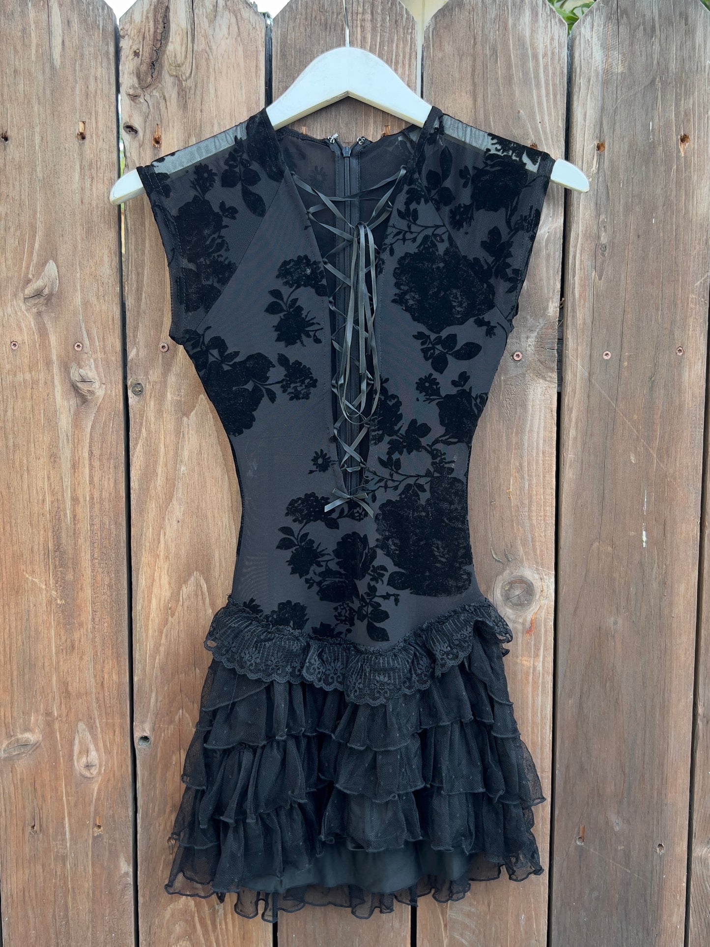 Black Velvet Floral Lace Up Ruffle Mini Dress
