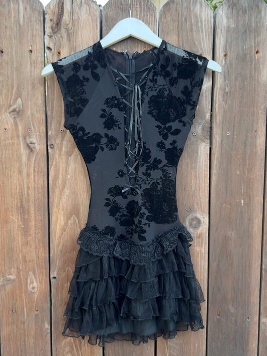 Black Velvet Floral Lace Up Ruffle Mini Dress