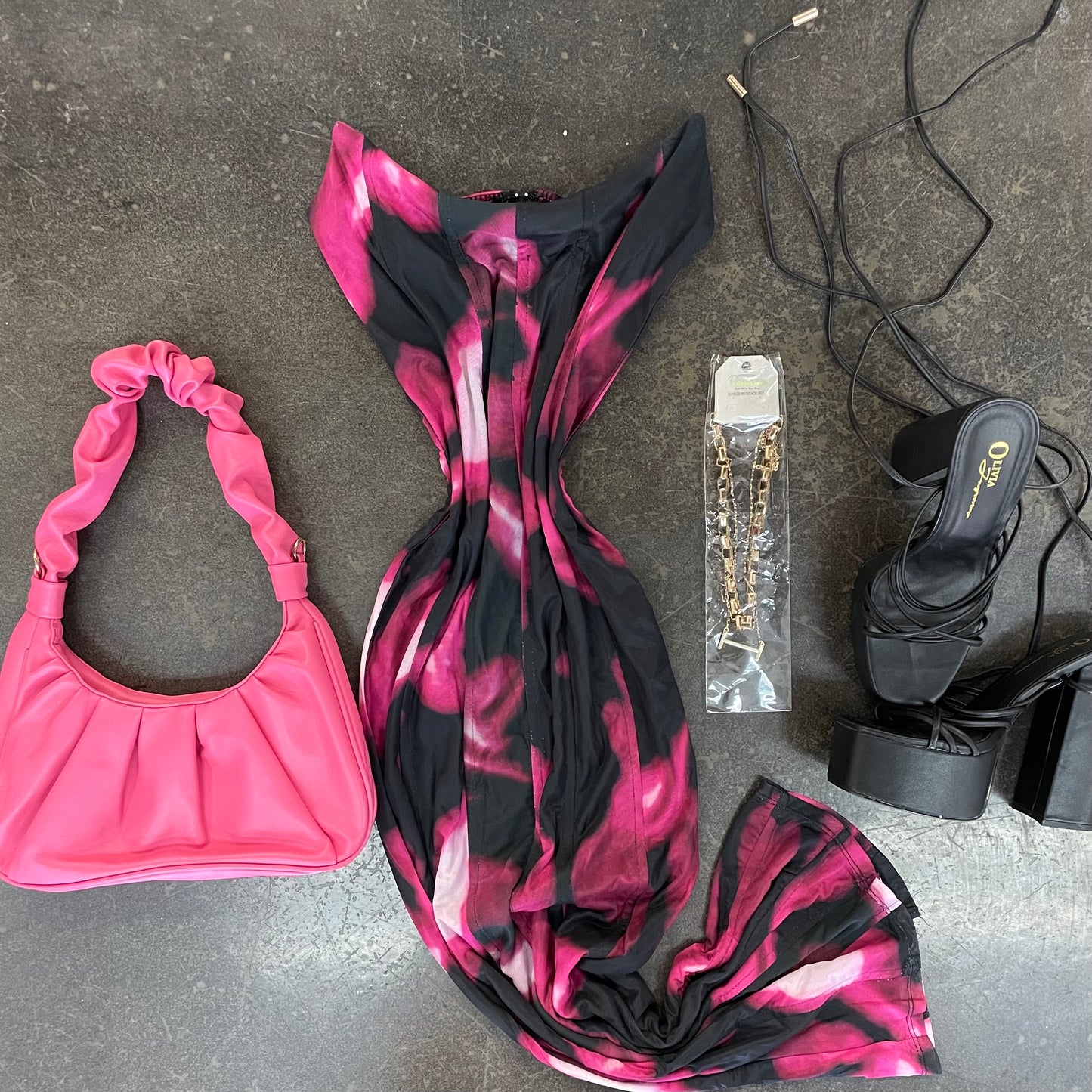 Printed Pink/Black Midi Mesh Dress
