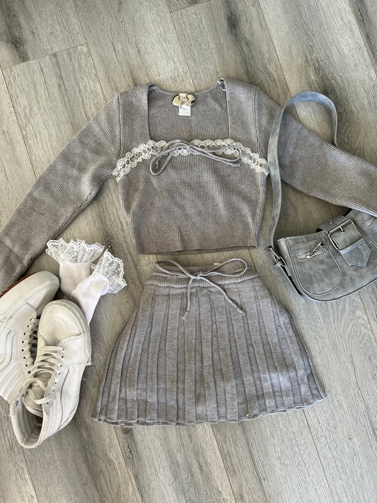 Knit Gray Coquette L/S Top + Matching Pleated Skirt Set