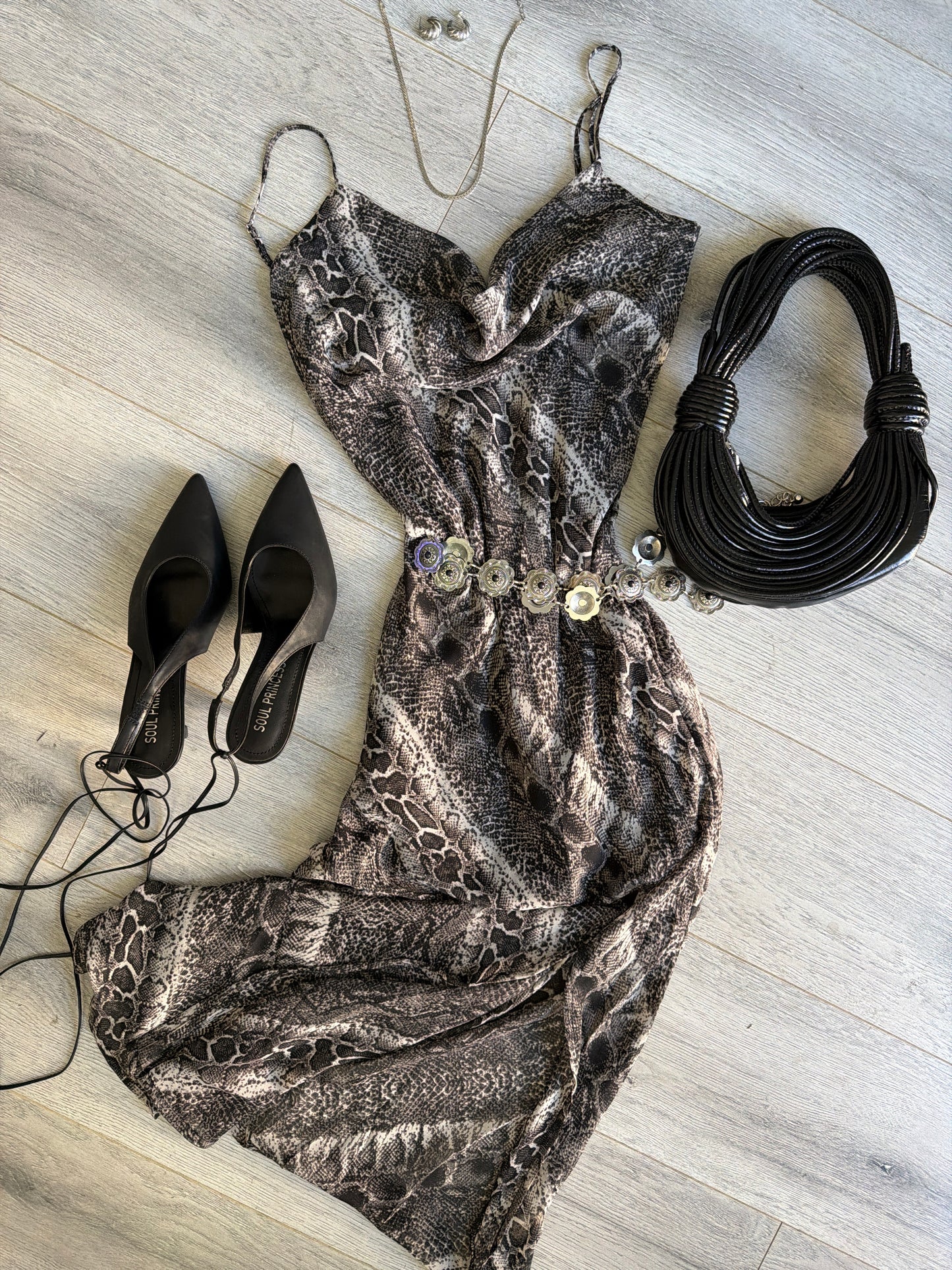 Snake Cowl Neck Slit Maxi Dress