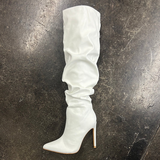 Pointy Scrunch Knee High Boots White