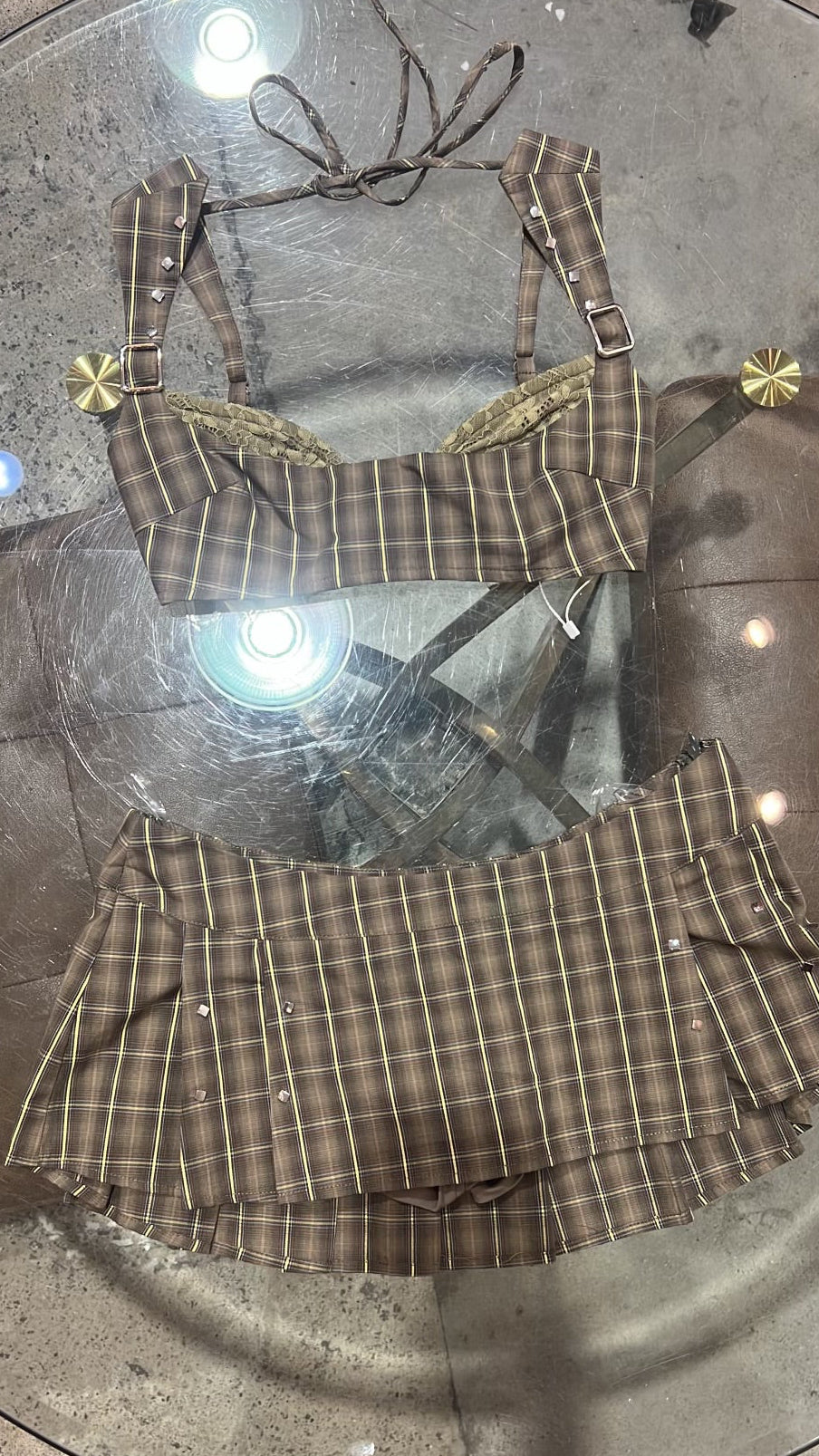 Olive Plaid Pleated Mini Skirt + Corset Set