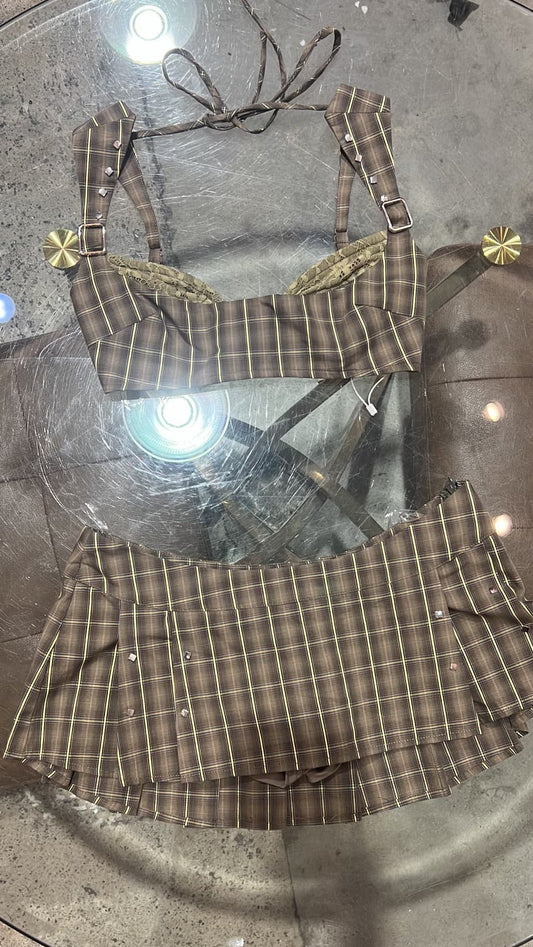 Olive Plaid Pleated Mini Skirt + Corset Set
