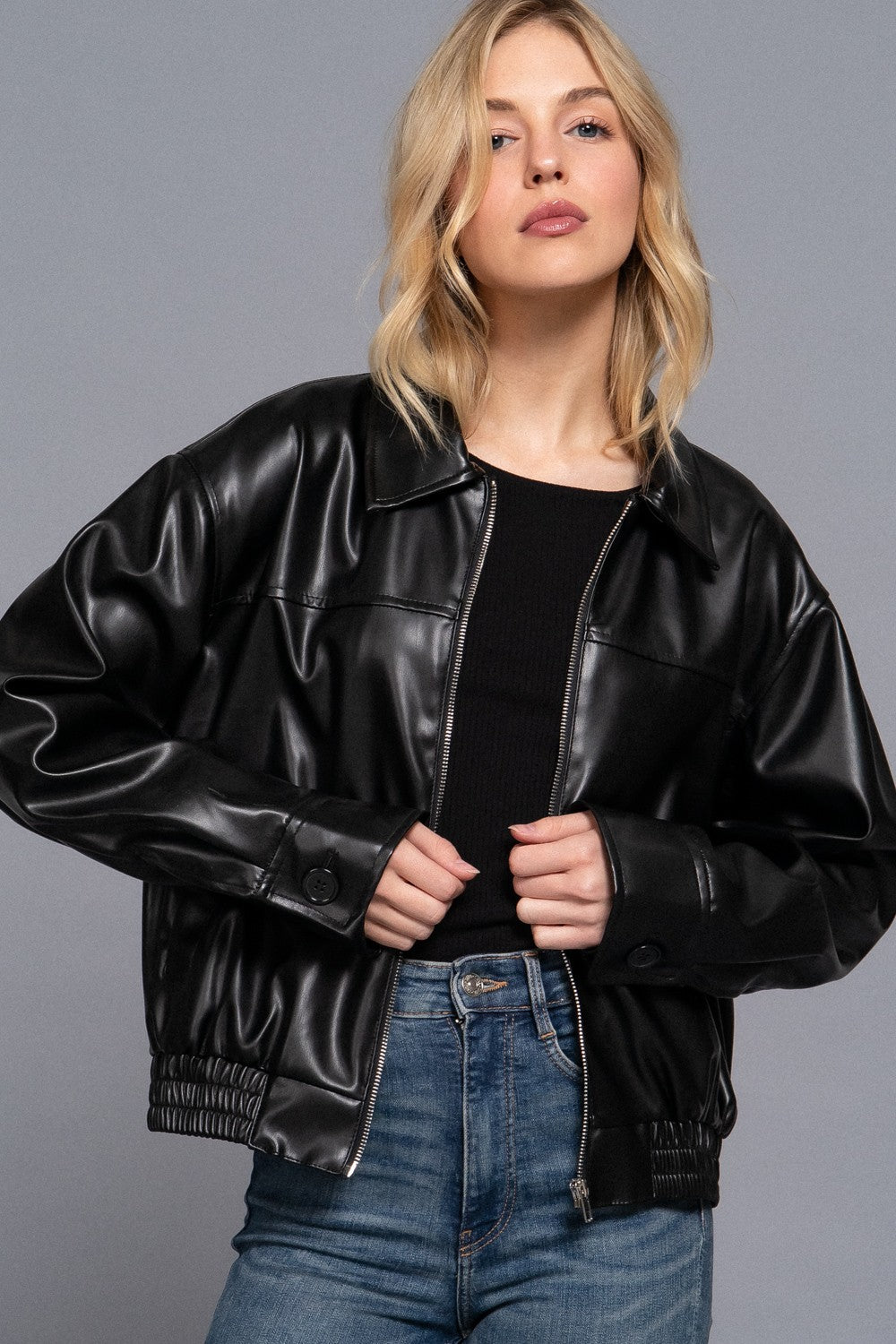 Vegan Leather Boyfriend Bomber Jacket