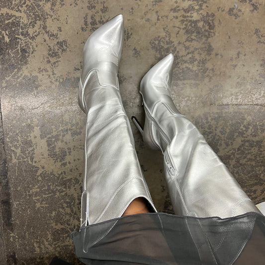 Silver Stiletto Knee Boots
