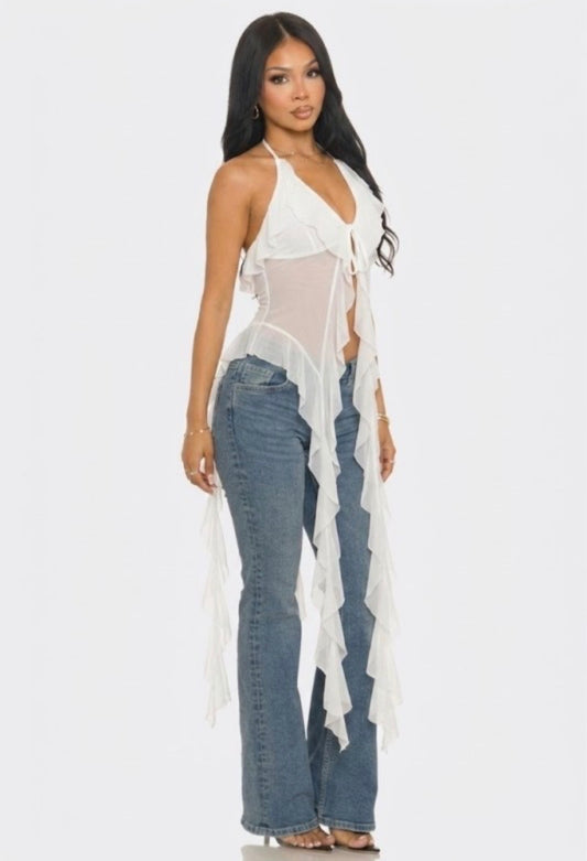 Ruffle Tie Front Jelly Hem Top White