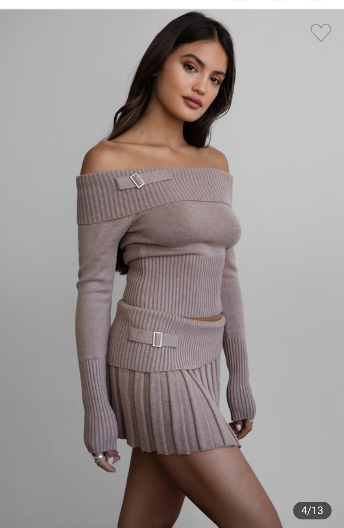 OTS Belted Sweater Top + Pleated Skirt Set Mocha