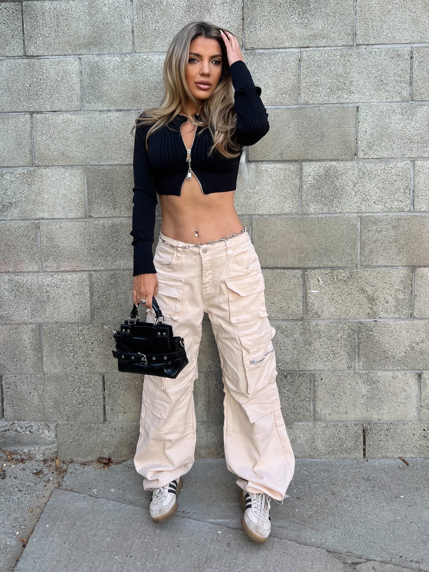 Stretchy Bone Nude Cargo Jogger Pants