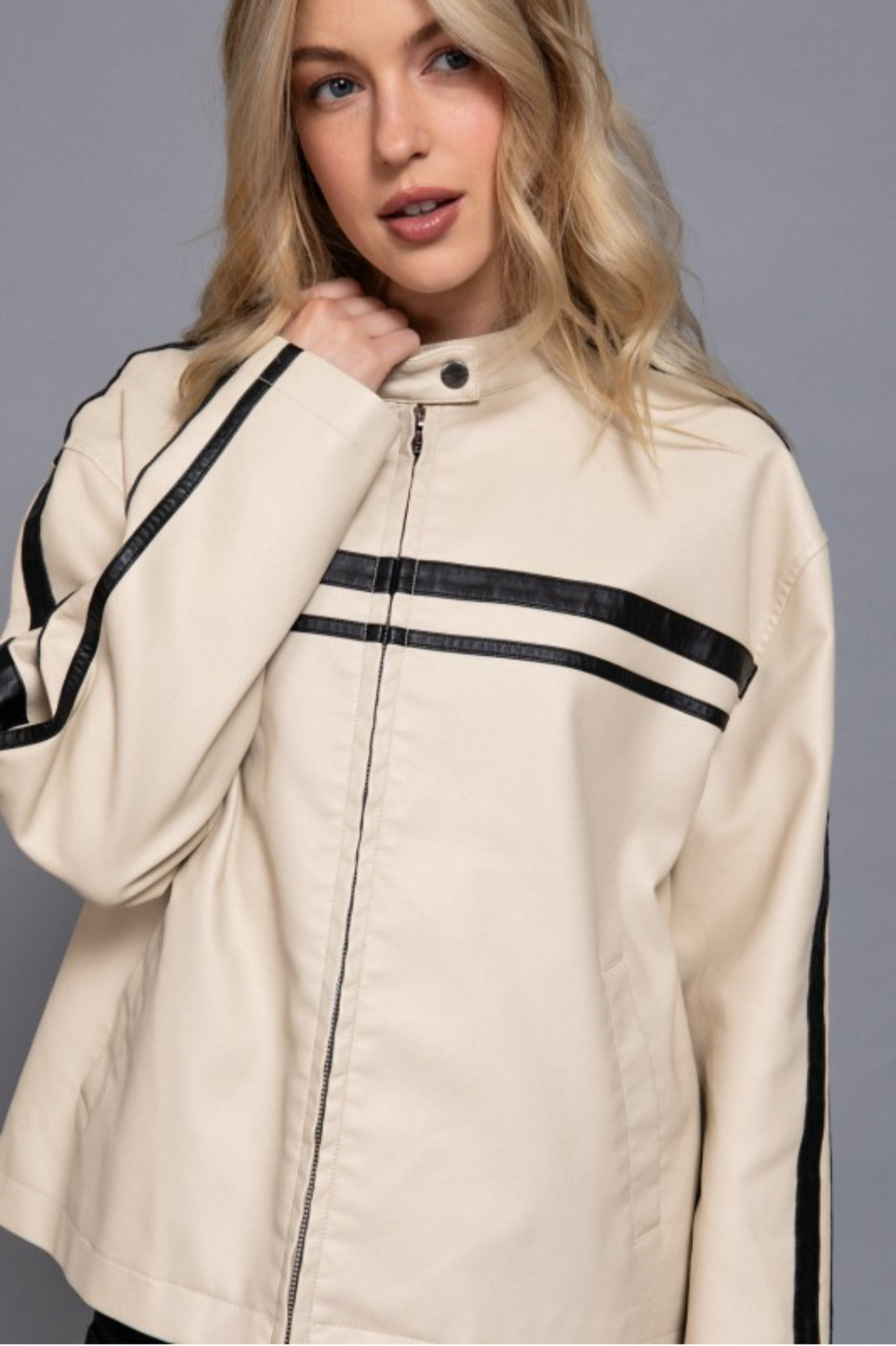 Vegan Leather Boyfriend Jacket Striped