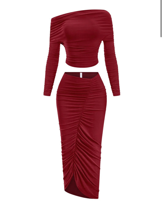 Burgundy OTS Top + Skirt Set