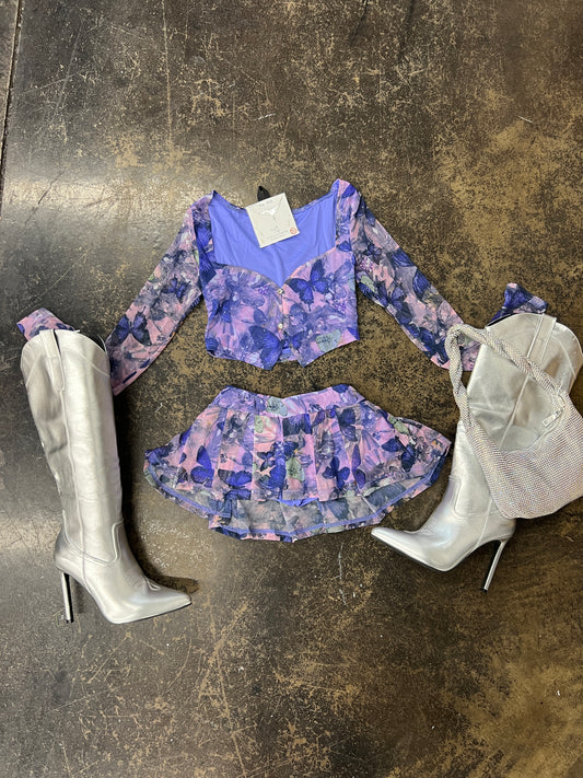 Lavender Butterflies L/S Top + Pleated Skirt Set