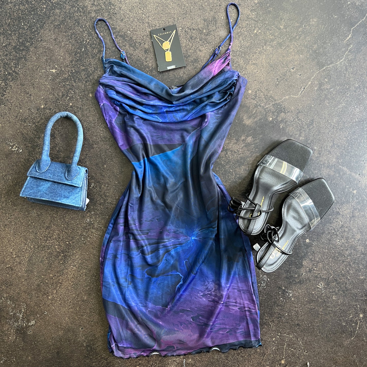 Purple/Black Printed Cowl Mini Mesh Dress