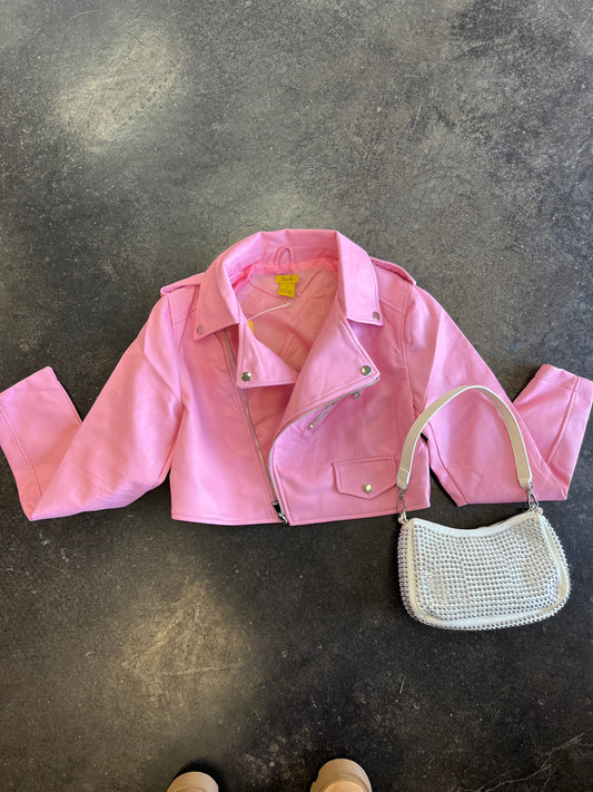 Pink Leather Cropped Jacket Moto