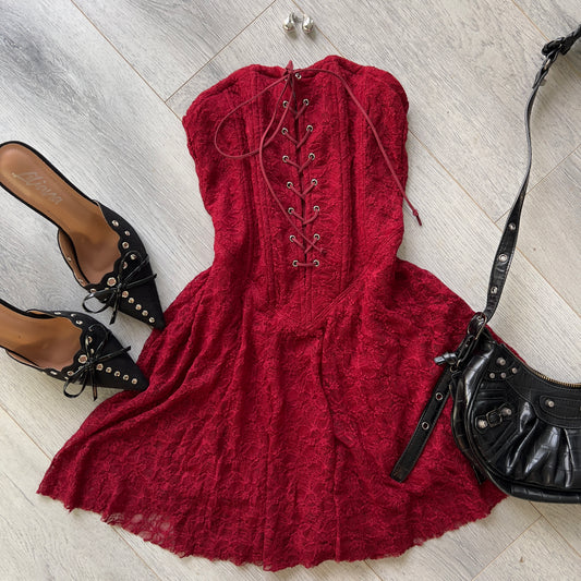 Burgundy Lace Swing Laced Up Corset Dress