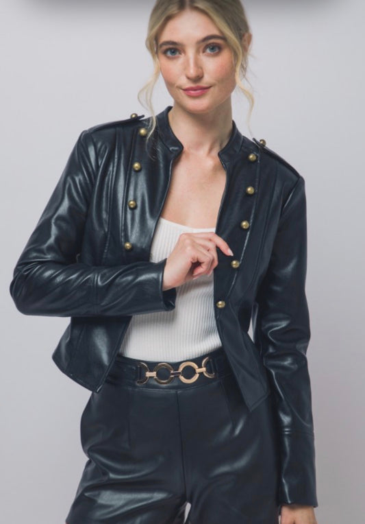 Napolean Military Leather Jacket Black