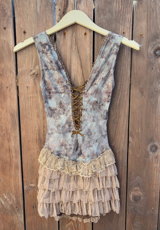 Olive/Brown Textured Lace Up Flutter Dress