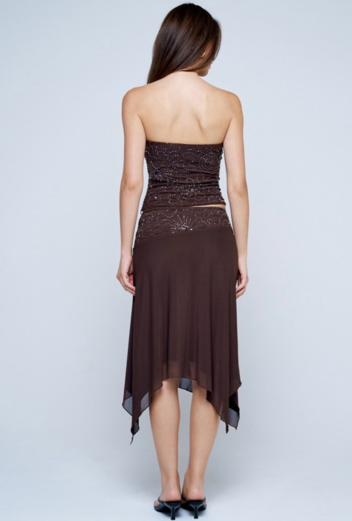 Beaded Tube Top + Beaded Contrast Fairy Skirt Matching Set Brown