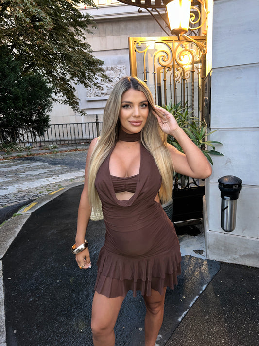 Brown Collar Cowl Neck Dress