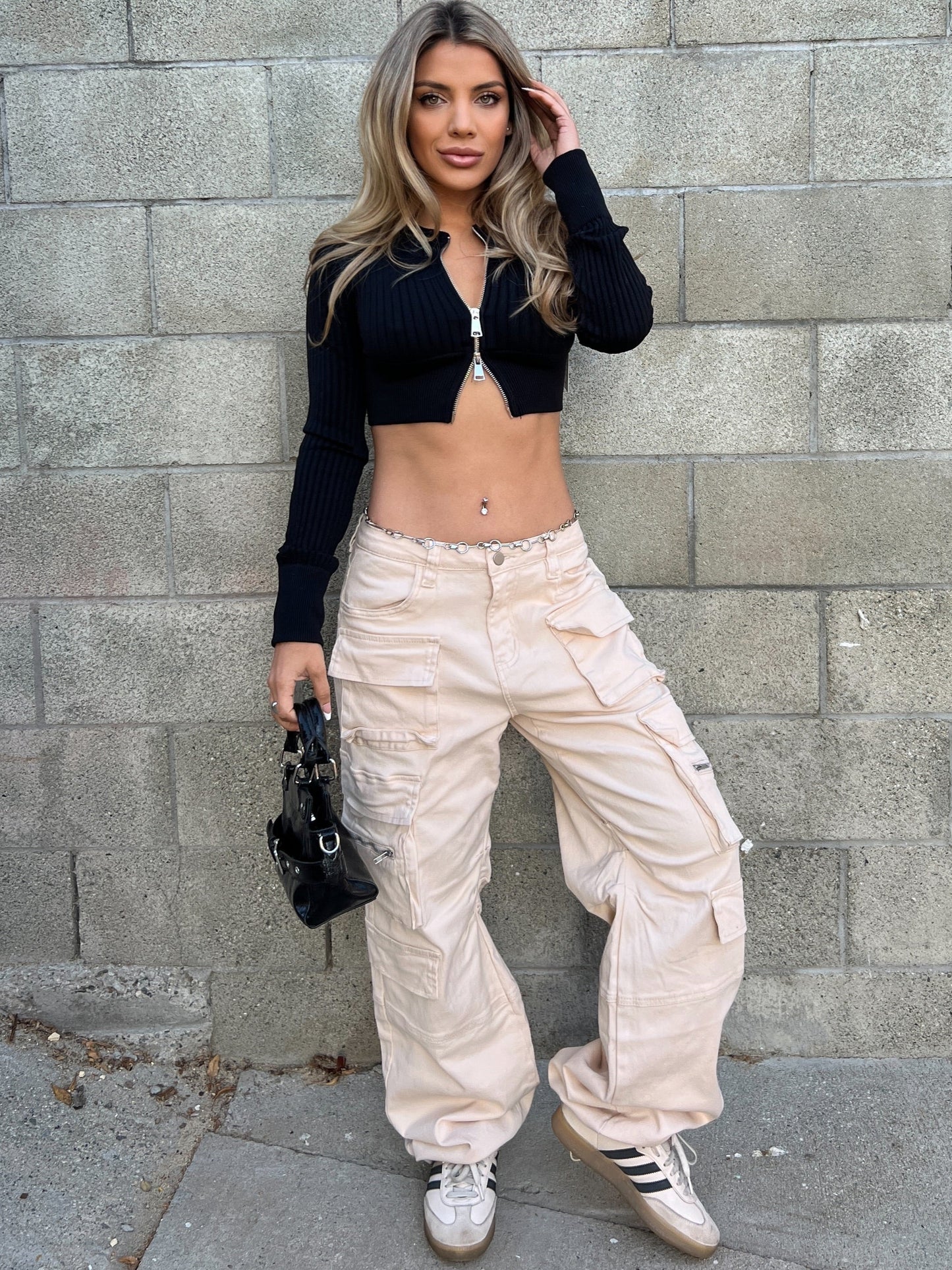 Stretchy Bone Nude Cargo Jogger Pants