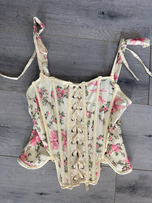 Yellow Floral Lace Up Corset Top