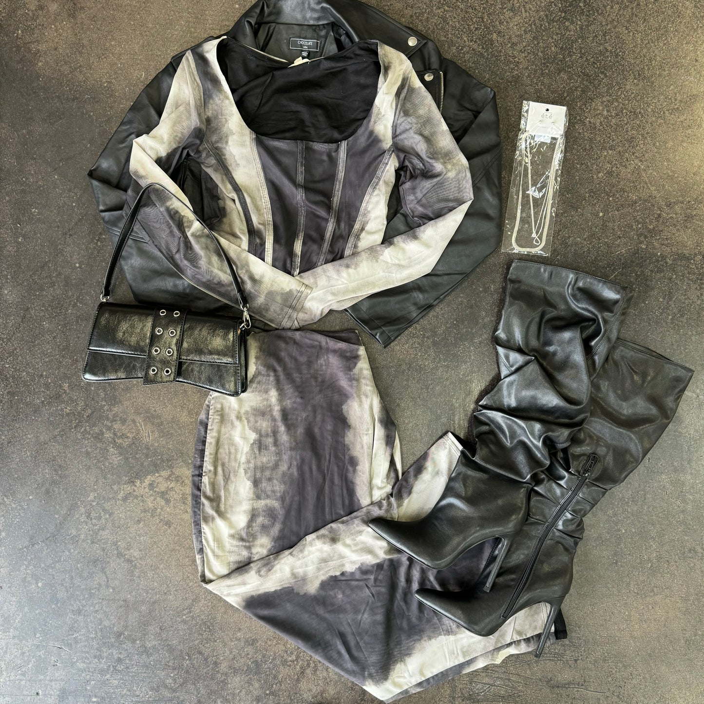 Gray/Black Tie Dye Long Sleeve Corset + Midi Skirt Set