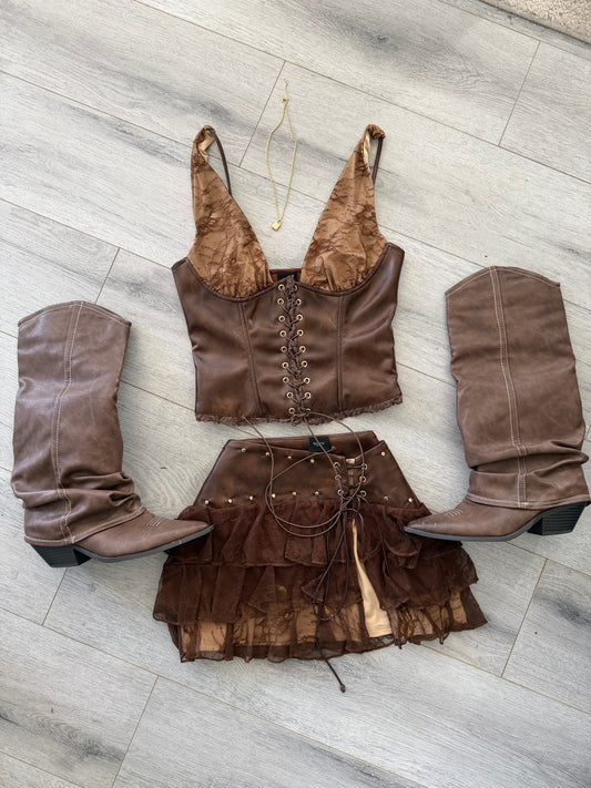 Brown Leather + Lace Halter Corset / Skirt Set