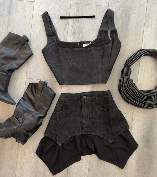 Denim/Black Contrast Corset +Skirt Set