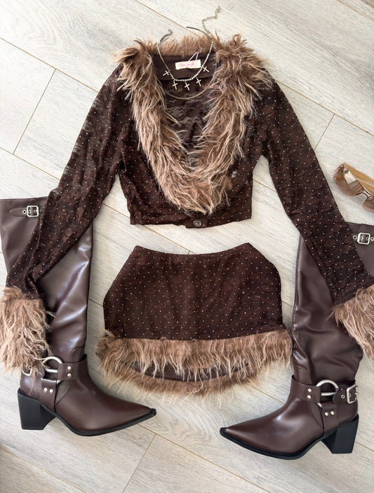 Brown Fur Trim Lace Mini Skirt Set