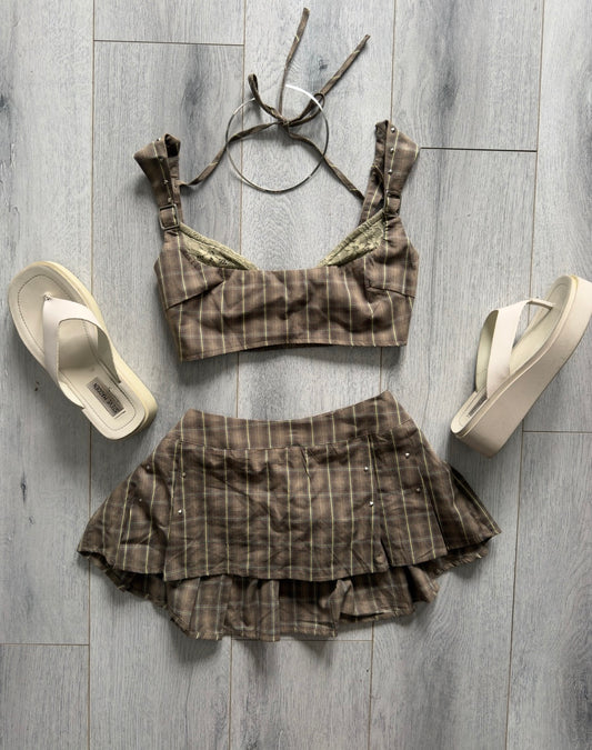 Olive Plaid Pleated Mini Skirt + Corset Set