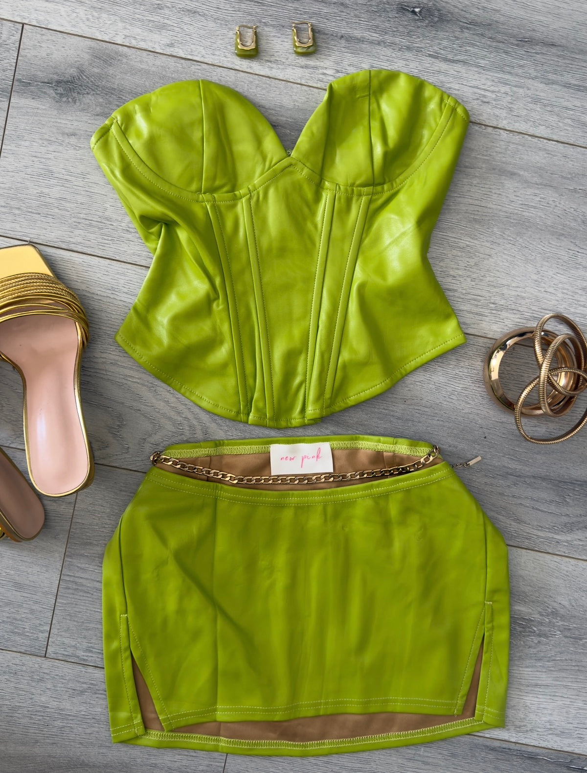 Chartreuse Green Leather Corset + Mini Skirt Set